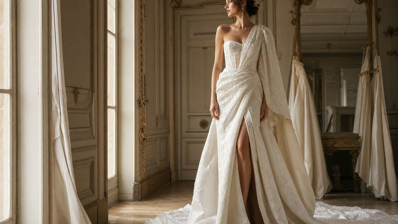Robe de mariage originale avec détail moderne dans un atelier couture.