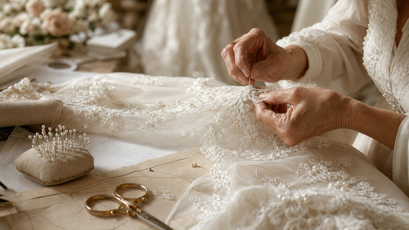 Travail de couture sur une robe de mariée avec dentelle et épingles.