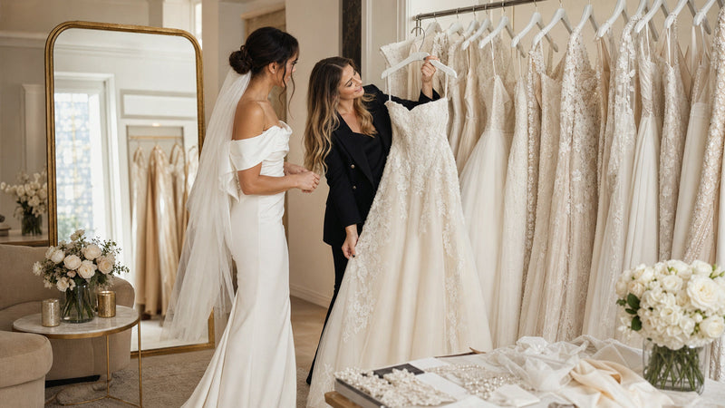 Sélection de robes de mariée prêtes à essayer dans un atelier lyonnais.
