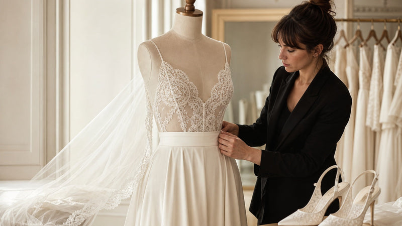 Body mariage en dentelle ivoire associé à une jupe couture en atelier.