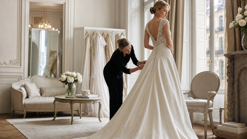 Robe de mariée de luxe ivoire avec finitions couture dans un salon privé.