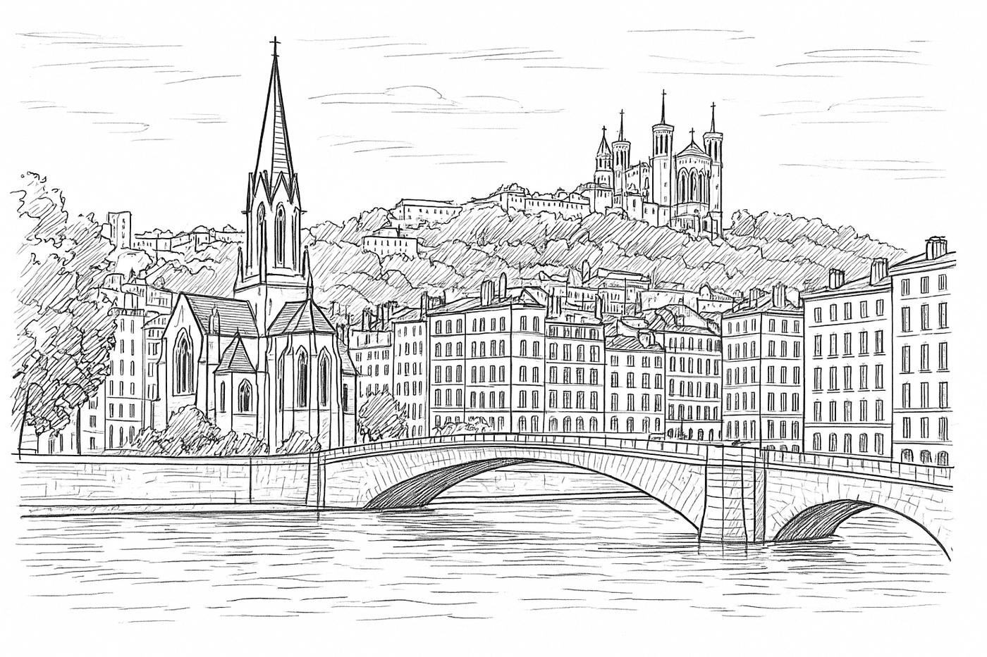 Dessin au trait de Lyon, la Saône et son pont, les immeubles des quais, l’église Saint-Georges et la basilique de Fourvière sur la colline