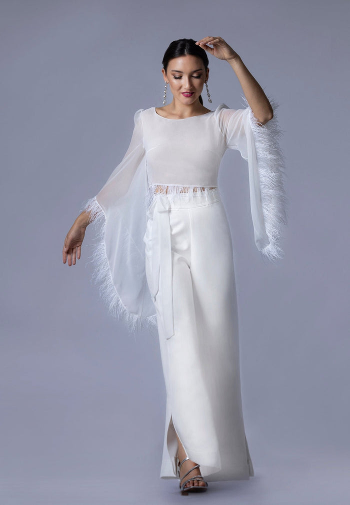 Haut de Mariée en Mousseline avec Détails de Plumes – MIA - AM LUX COUTURE