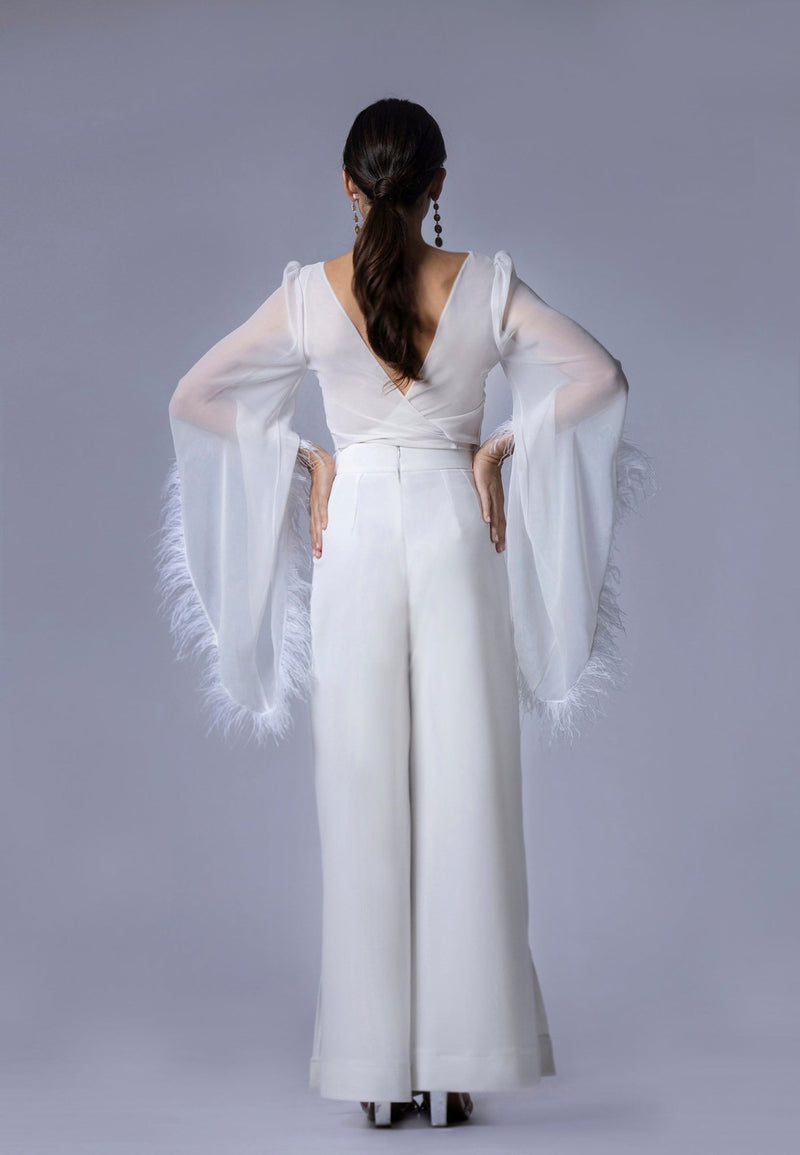 Haut de Mariée en Mousseline avec Détails de Plumes – MIA - AM LUX COUTURE