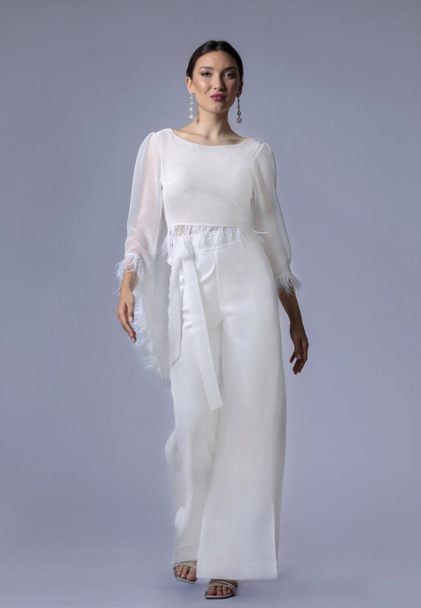 Haut de Mariée en Mousseline avec Détails de Plumes – MIA - AM LUX COUTURE