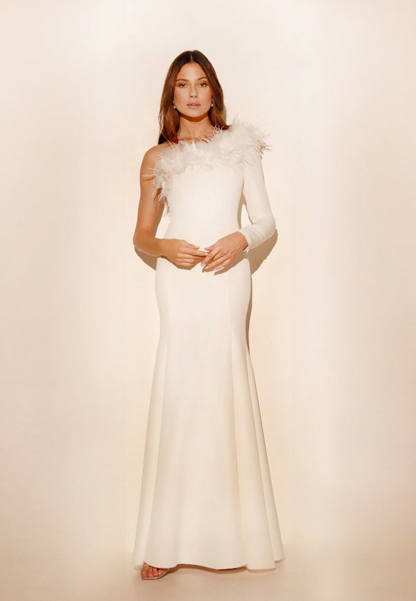 Robe de Mariée Asymétrique avec Plumes - LISA - AM LUX COUTURE