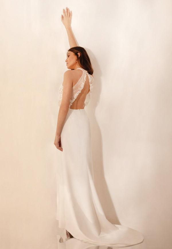 Robe de Mariée Col Américain en Dentelle avec Fente – MEGHAN - AM LUX COUTURE