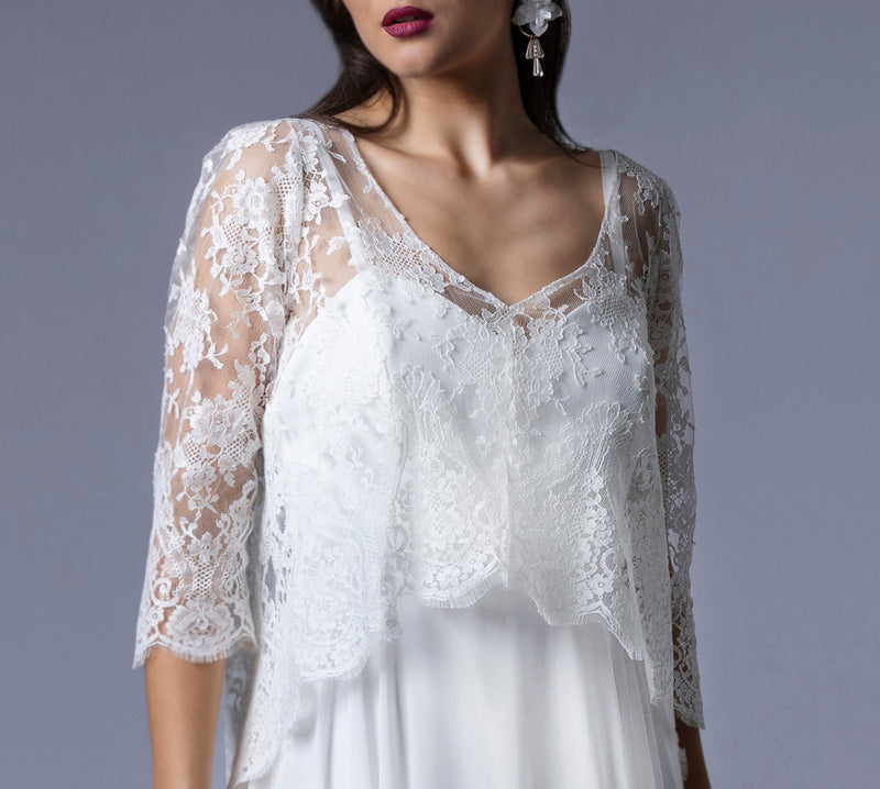 Robe de Mariée en Mousseline avec Haut en Dentelle de Calais - VICTOIRE - AM LUX COUTURE