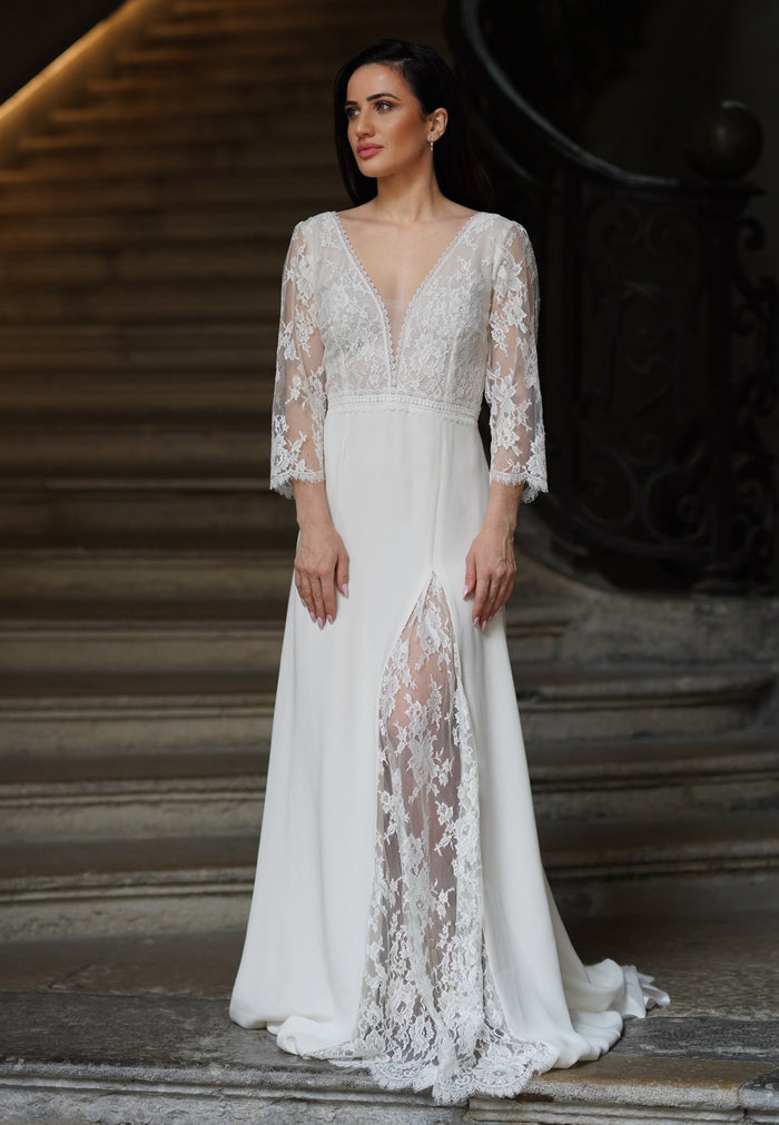 Robe de mariée LYDIA – dentelle de Calais & jupe en soie - AM LUX COUTURE
