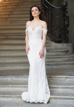 Robe de mariée SERELLE – bustier dentelle perlée avec manches tombantes