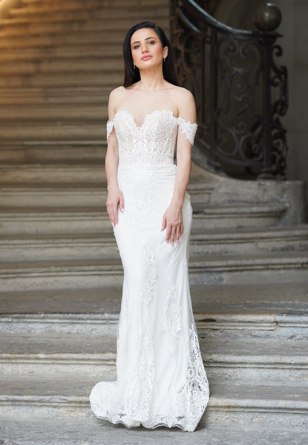 Robe de mariée SERELLE – bustier dentelle perlée avec manches tombantes