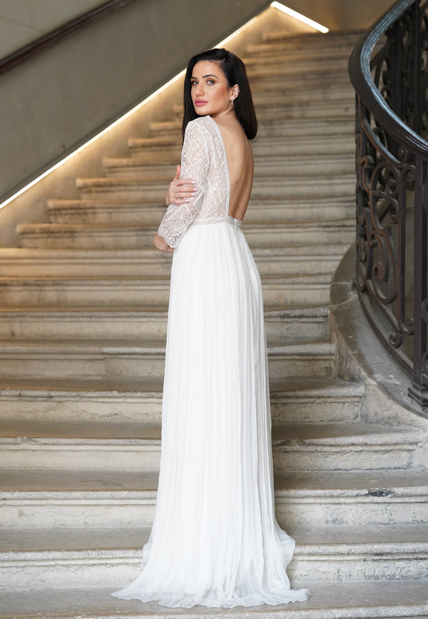 Robe de mariée ISARA – dos plongeant dentelle et jupe fluide en mousseline de soie