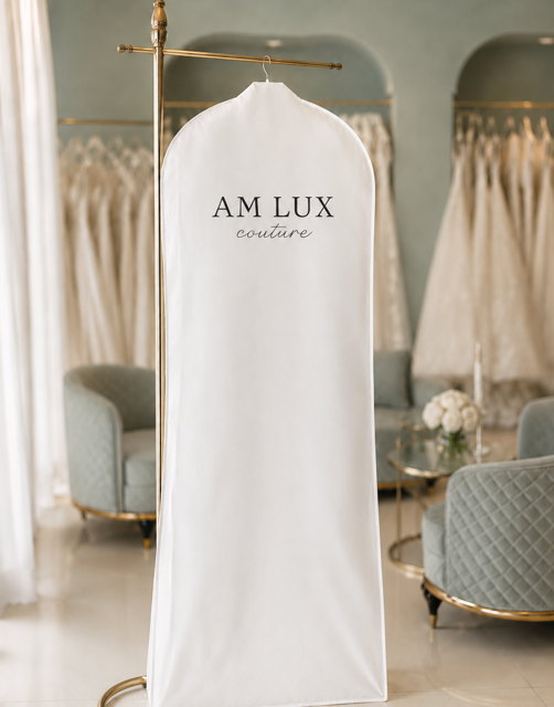 Housse blanche griffée AM LUX suspendue dans la boutique, prête pour la remise de la robe