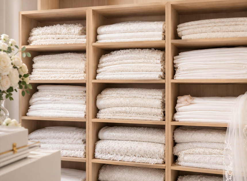 Étagères de tissus ivoire pliés dans l’atelier boutique AM LUX COUTURE à Lyon