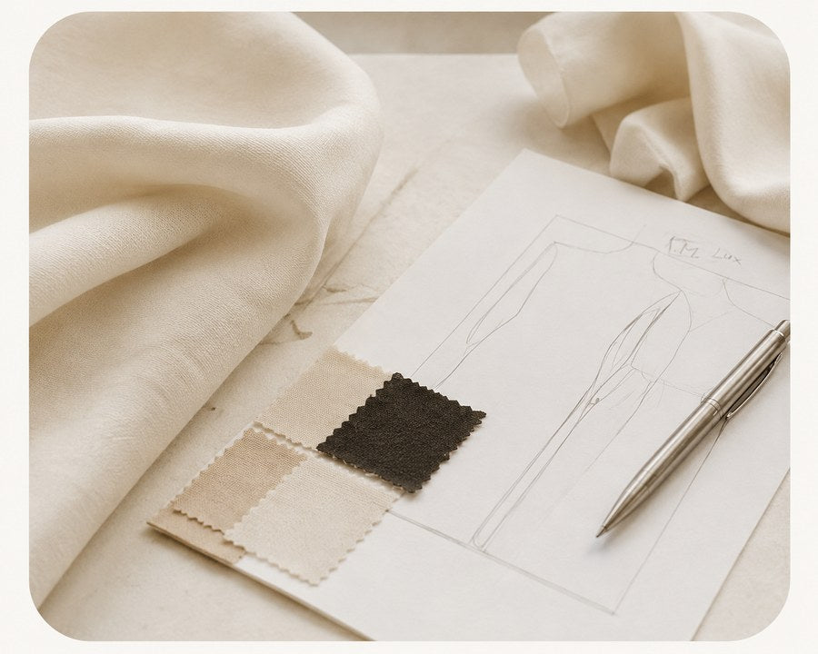 Création d'une robe de mariée sur mesure, croquis et tissus, AM LUX COUTURE
