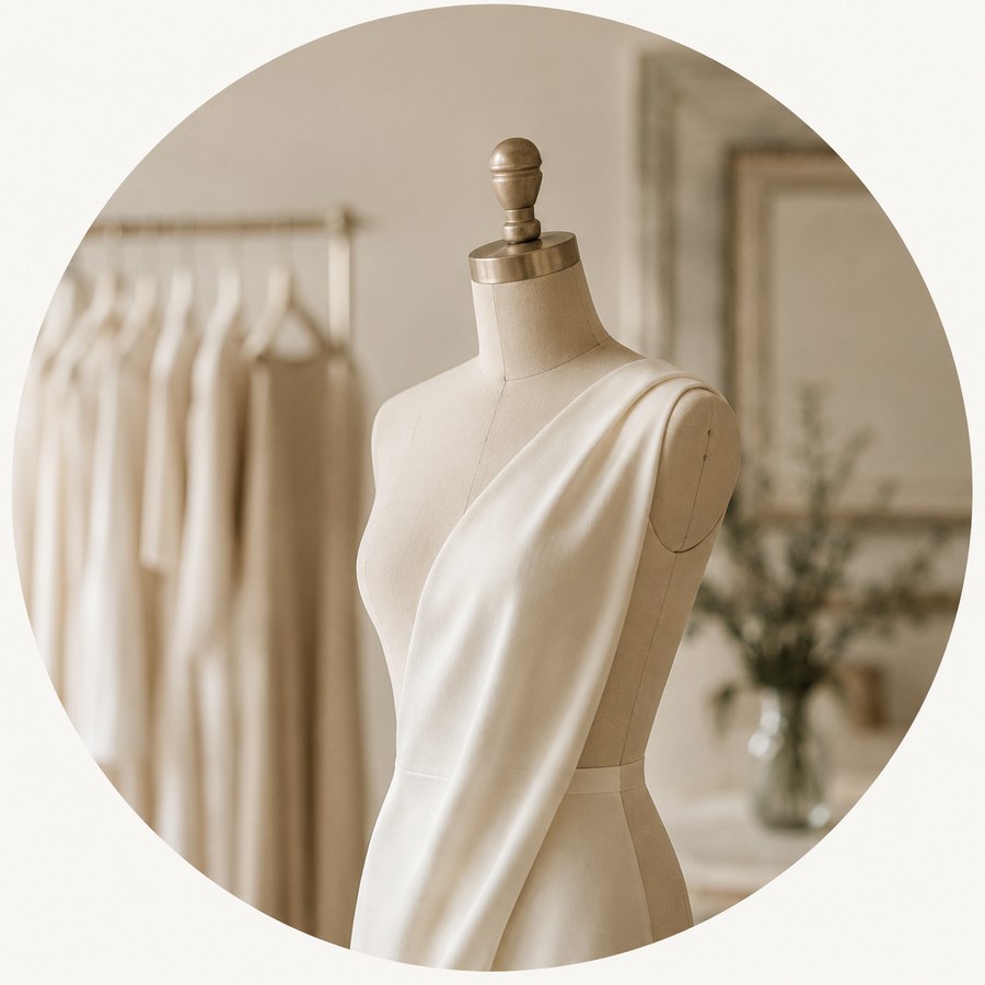 Essayage de robe de mariée sur mesure à l'atelier AM LUX COUTURE